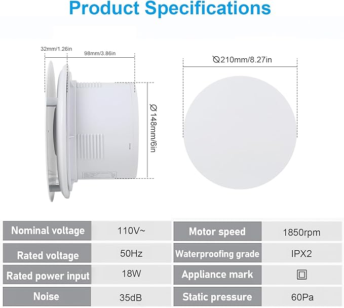 Bathroom Exhaust Fan, 6 inch Silent Ceiling and Wall Mount Ventilation Fan with Anti-Backflow Check Valve, Balanced Air Solution, for Tub Shower Enclosure, 110V (Round) - Image 6