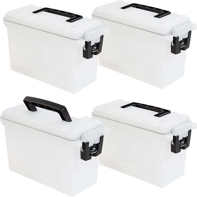 Sheffield 12758 4-Pack Ammo Storage Box, Stackable .30 Cal Field Boxes, Water and Dust Resistant, Lockable Storage Box with Handle, Secures Hunting Gear, Supplies, and Bullets, Made in USA, Frost by Sheffield