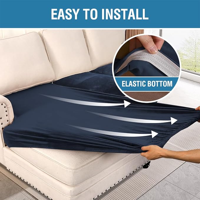 H.VERSAILTEX Velvet Stretch Sectional Couch Covers 3 Pieces Sofa Seat Cushion Covers L Shape Separate Cushion Couch Chaise Cover for Both Left/Right Couch (Large Sofa 2 Seater + 1 Chaise, Navy) - Image 4