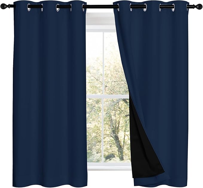 NICETOWN 100% Blackout Curtains with Black Liners, Thermal Insulated 2-Layer Lined Drapes, Energy Efficiency Small Window Draperies for Dining Room (Navy Blue, 2 Panels, 42 inches W by 54 inches L) by NICETOWN