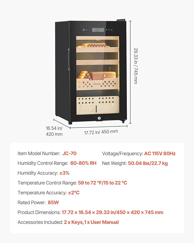 VEVOR Electric Humidor, 70L, 400 Counts Electric Cigar Humidor Cabinet with Compressor Cooling, Constant Humidity & Temperature Control, Spanish Cedar Wood Shelves & Drawers, 4 Layers, for Household - Image 7