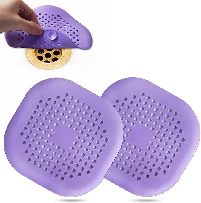 Hair Drain Catcher,Square Drain Cover for Shower Silicone Hair Stopper with Suction Cup,Easy to Install Suit for Bathroom,Bathtub,Kitchen 2 Pack (Purple) by Bovinde