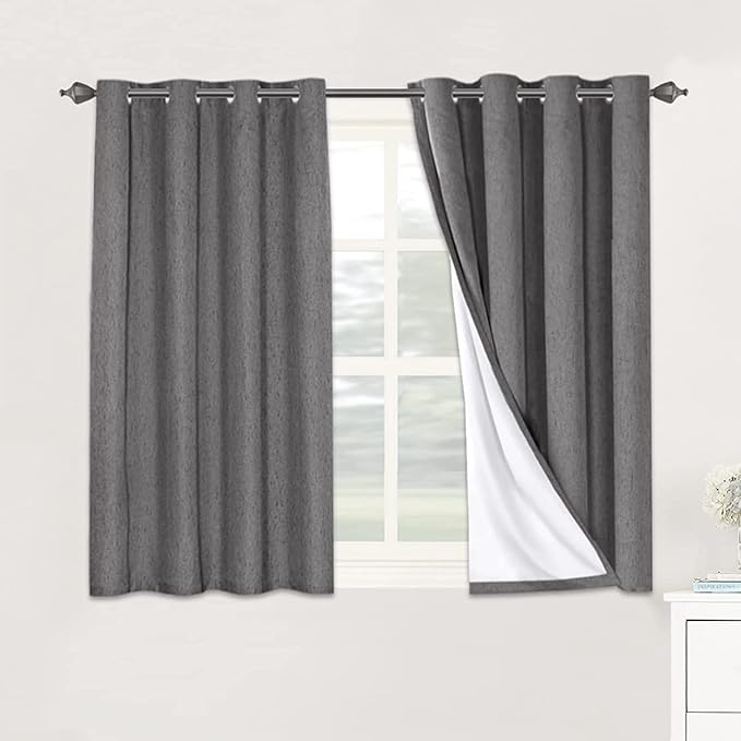 H.VERSAILTEX Linen Blackout Curtains 45 Inches Long 100% Absolutely Blackout Thermal Insulated Textured Linen Look Curtain Draperies Anti-Rust Grommet, Energy Saving with White Liner, 2 Panels, Grey by HVERSAILTEX
