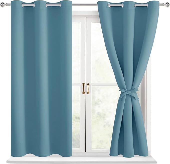 Hiasan Blackout Curtains for Bedroom - Thermal Insulated & Energy Saving Window Curtains for Living Room, 2 Drape Panels Sewn with Tiebacks, Stone Blue, 42 x 54 Inch by Hiasan