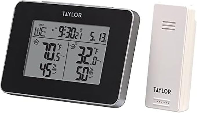 Taylor Wireless Digital Indoor Outdoor Thermometer and Hygrometer, Weather Station, Battery Powered, Alarm, Easy-to-Read Display for Home, Office, Greenhouse, Nursery, and Indoor Areas, Black by Taylor