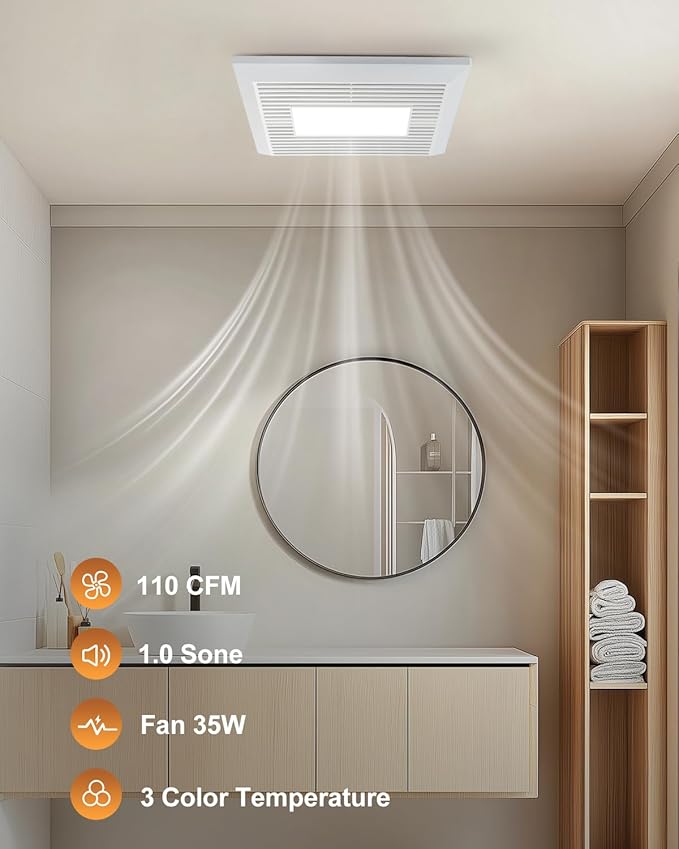 GROWNEER Bathroom Exhaust Fan with Light, 110 CFM 1.0 Sone Exhaust Fan No Attic Access Needed, Ceiling or Wall Mount, 7.68 x 9.25 inch, 35W Bathroom Fan with LED Light 3CCT Adjustable 600LM, White - Image 5