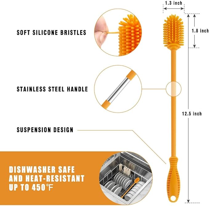 Silicone Bottle Cleaning Brush with Long Handle,12.5" Water Bottle Cleaner for Baby Bottles, Hydro Flask, Sports Bottle, Vase, Glassware, Perfect for Smaller Diameter Bottle Openings (One Pack) - Image 4