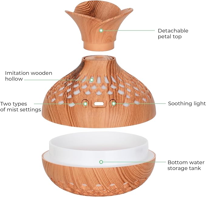 Portable Mini Humidifier, 300ml Wood Grain Vase Small Humidifiers, Quiet Cool Mist Plant Humidification for Bedroom Car, USB Personal Desktop Diffuser for Office - Image 4