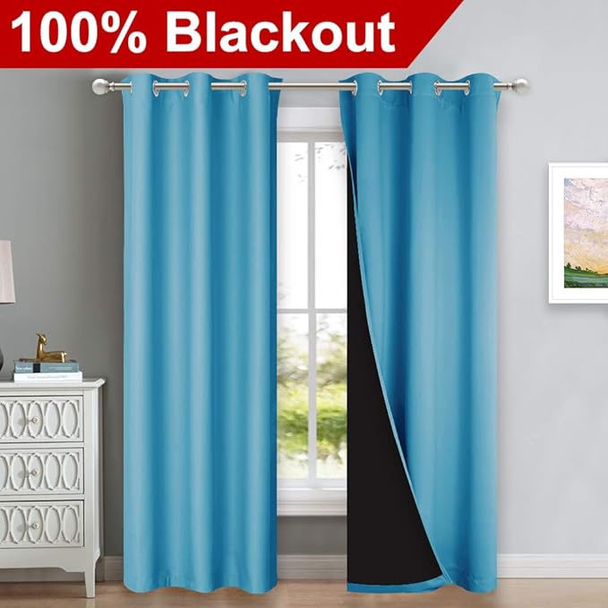 NICETOWN Teal Blue Full Shade Curtain Panels, Pair of Thermal Insulated & Energy Efficiency Blackout Drapes for Living Room Windows, Lined Silky Performance Window Dressing (37" Wide x 84" Long, Gray) - Image 2