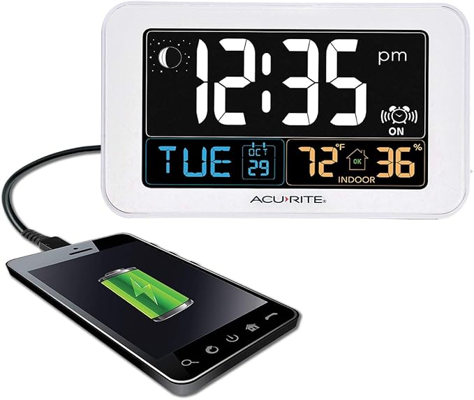 AcuRite Intelli-Time Digital Alarm Clock for Bedroom with USB Charger, Indoor Temperature and Humidity for Heavy Sleepers (13040CA) by AcuRite