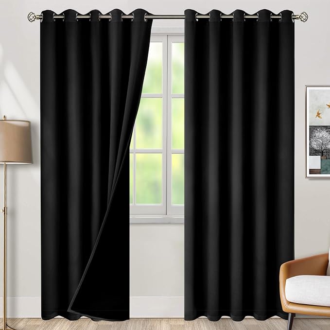 BGment Thermal Insulated 100% Blackout Curtains for Bedroom with Black Liner, Double Layer Full Room Darkening Noise Reducing Grommet Curtain (60 x 84 Inch, Black, 2 Panels) by BGment
