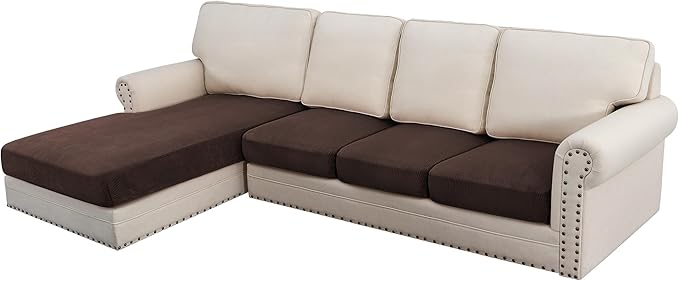 H.VERSAILTEX Velvet Stretch Sectional Couch Covers - 4 Pieces Sofa Seat Cushion Covers L Shape Separate Cushion for Both Left/Right Couch (Large Sofa 3 Seater + 1 Chaise, Brown Striped) by HVERSAILTEX