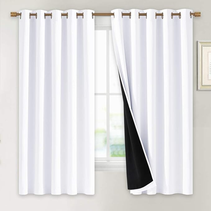 NICETOWN White 100% Blackout Lined Curtains, 2 Thick Layers Completely Blackout Window Treatment Thermal Insulated Drapes for Kitchen/Bedroom (1 Pair, 70 inches Width x 63 inches Length Each Panel) by NICETOWN