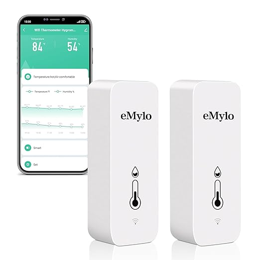 WiFi Temperature Humidity Sensor, Wireless Indoor Thermometer Hygrometer with App Alert, Free Data Storage Export, Smart Temperature Humidity Monitor for Home Bedroom, Compatible with Alexa (2-Pack) by eMylo