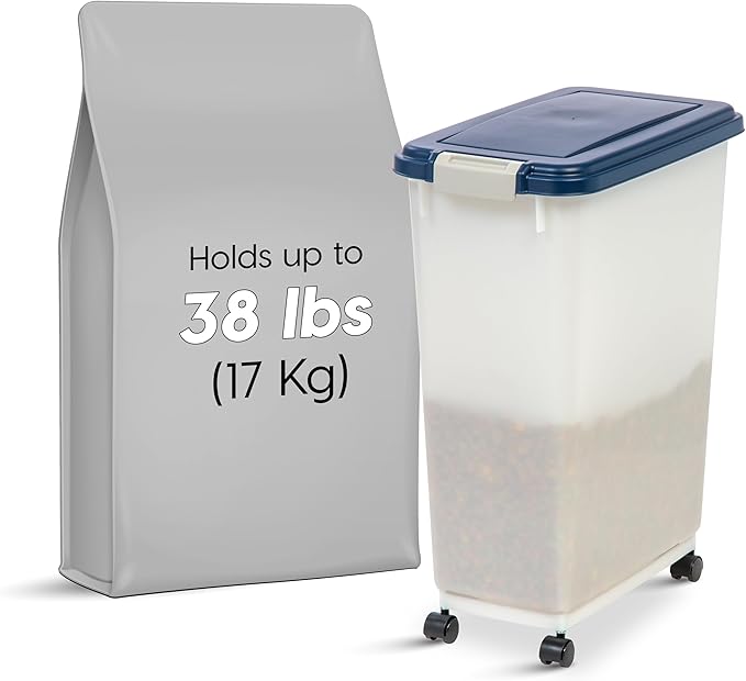 IRIS USA Airtight Dog Food Storage Container, Up to 38 lbs, Attachable Wheels, For Dog Cat Bird and Other Pet Food Storage Bin, Keep Fresh, Easy Mobility, BPA Free, Navy/Pearl - Image 3