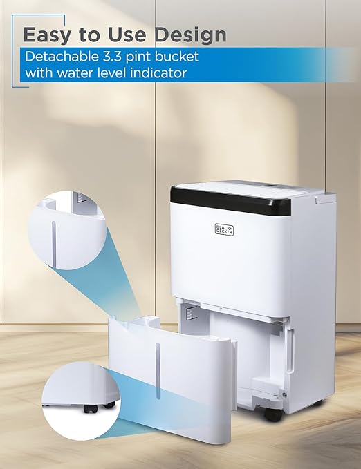 BLACK+DECKER 1000 Sq. Ft. Dehumidifier for Home, Bedroom and Basement, Up To 9 Pints Per Day, ENERGY STAR Certified, 3.3-Pint Bucket, LED Display, Auto Defrost & Restart, BDT08TW, White - Image 5