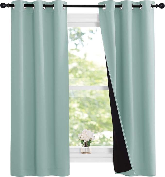 NICETOWN Aqua Blue 100% Blackout Lined Curtains, 2 Thick Layers Narrow Wide Window Treatment Panels Thermal Insulated Drapes for Kitchen Small Window (1 Pair, 37" Width x 63" Length Each Panel) - Image 2
