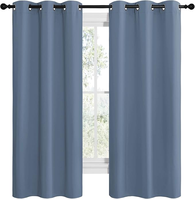NICETOWN Short Curtains for Kitchen, Thermal Insulated Solid Grommet Blackout Window Treatment Curtain Panels for Loft, Cafe (Stone Blue, 1 Pair, 42 inches Wide by 68 inches Long) - Image 2