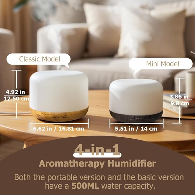 500ml Premium Essential Oil Diffuser,Quiet 4-in-1 Ultrasonic Aromatherapy Humidifier,7 Color LED Lights,with Adjustable Automatic Timer Off Function and Spray Mode. (White Woodgrain,Mini Model) - Image 3