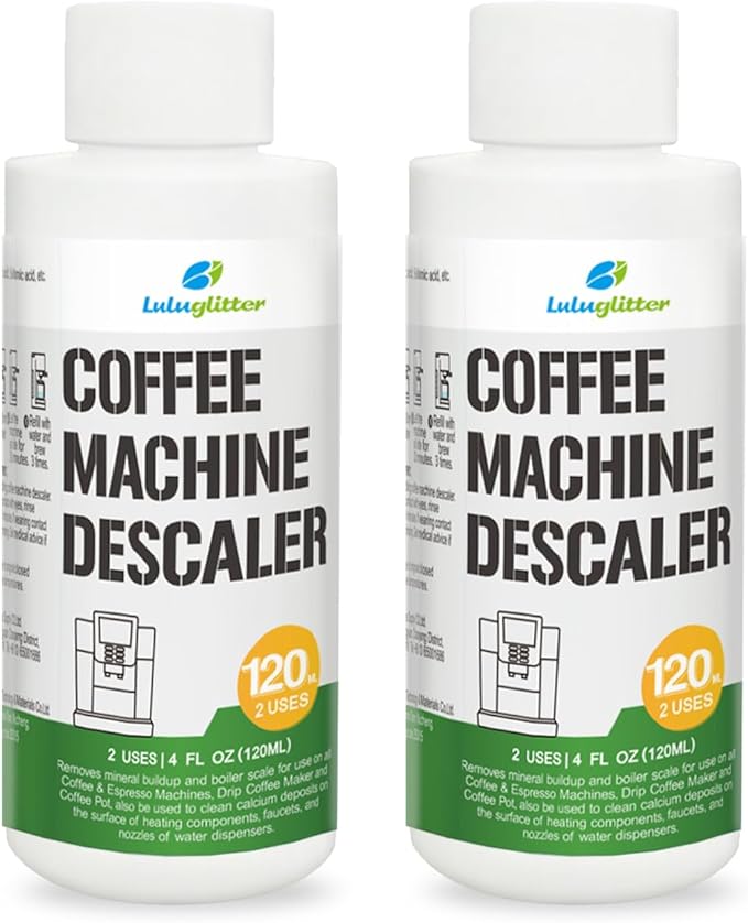 Descaling Solution (2 Pack, 2 Uses Per Bottle) – Coffee Maker Cleaner for Keurig, Nespresso, Delonghi and All Single Use Coffee and Espresso Machines by LULUGLITTER