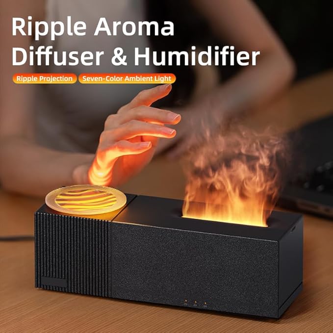 Essential Oil Diffuser, Ripple Projection Vibe Flame Oil Diffuser - Aromatherapy Aroma Humidifier, Upgrade 7 Flame Colors Noiseless 150ml Remote - Perfect for Bedroom Home Office (Ripple Black) - Image 3