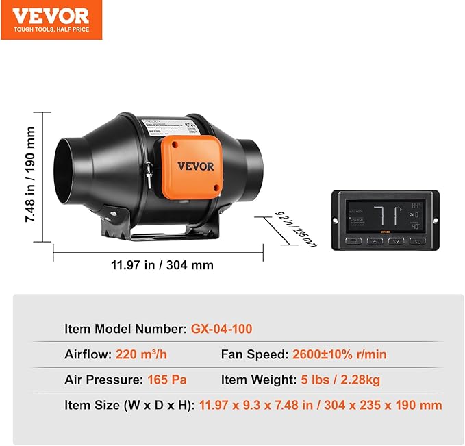 VEVOR Inline Duct Fan, 4-Inch 205 CFM with Temperature Humidity Controller, Quiet EC-Motor Ventilation Exhaust Fan for Cooling Booster, Grow Tents, Hydroponics - Image 7