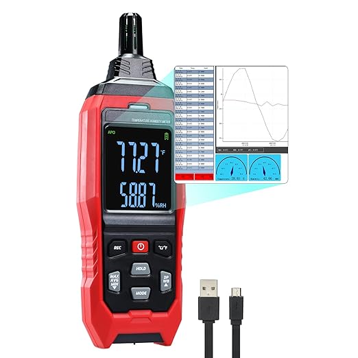 Humidity and Temperature Meter Data Logger Digital Psychrometer HVAC, Wet Bulb Thermometer Record 4000pcs Data and Export, Large LCD Humidity Tester Dew Point Meter with Indicator and Buzzer Alarm by DANOPLUS