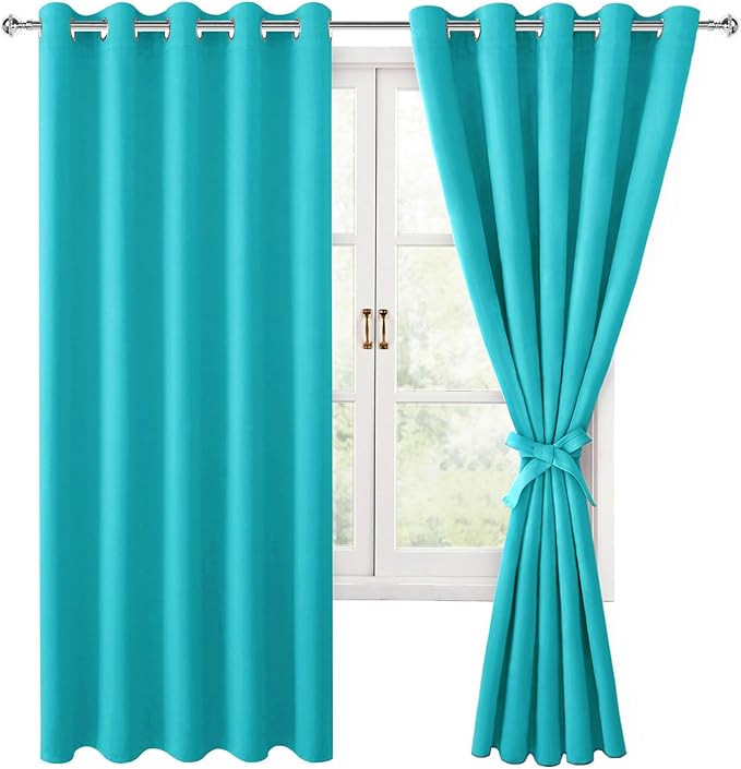Hiasan Grommet Blackout Curtains for Bedroom, 60 x 72 Inches - Thermal Insulated & Light Blocking Window Drapes for Living Room/Dorm Room, Set of 2 Panels Sewn with Tiebacks, Turquoise by Hiasan