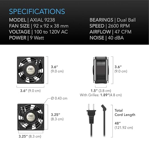 AC Infinity AXIAL 9238, Muffin Fan, 120V AC 92mm x 38mm High Speed, for DIY Cooling Ventilation Exhaust Projects - Image 6