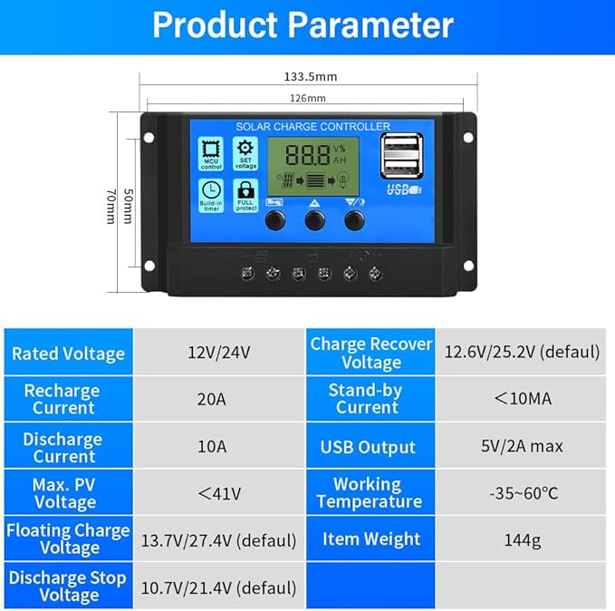PWM Solar Charge Controller 20A Solar Panel Controller 12V/24V Auto Adjustable LCD Display Solar Panel Battery Regulator with USB Port - Image 2