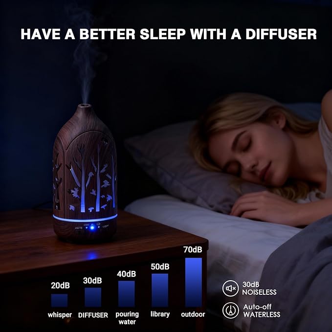 Essential Oil Diffuser,7.1''x3.5'' Air Diffusers with 3 Aromatherapy Oils Set,Small 200ml Humidifier with 7 LED Colors Lights,Waterless Auto-Off for Desk Office Home Decor Gift(Tree Dark Wood Grain) - Image 3