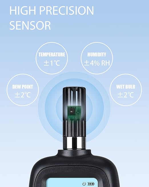 Wintact Digital Temperature and Humidity Meter, Thermometer Hygrometer Monitor with Dew Point and Wet Bulb Temperature, Backlight, Max/Min Value, Data Hold, Store 1000 Group of Data for Indoor Outdoor - Image 3