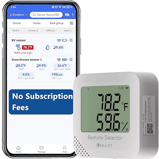 Remote WiFi Temperature & Humidity Sensor, No Subscription 24/7 Remote Temp Monitor with Email, Text Alerts, Sound & Light Alarm, Idea for RV, Pet, Greenhouse, Farm, Freezer, Server Room by FALAIOT