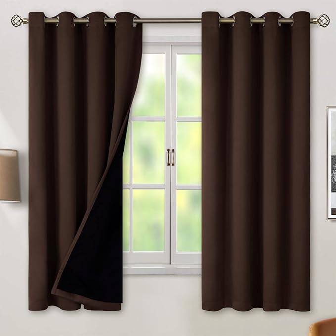 BGment Thermal Insulated 100% Blackout Curtains for Bedroom with Black Liner, Double Layer Full Room Darkening Noise Reducing Grommet Curtain (52 x 63 Inch, Brown, 2 Panels) by BGment