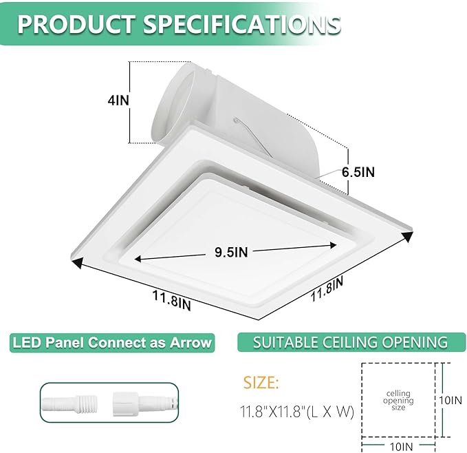 Bathroom Exhaust Fan with Light,11.8 in Panel,12W Square LED,141 CFM,0.7 Sones,110V 45W Quiet Bathroom Ventilation Exhaust Fan for Shower/Restroom/Office/Home (3 Adjustable Colors LED) - Image 2