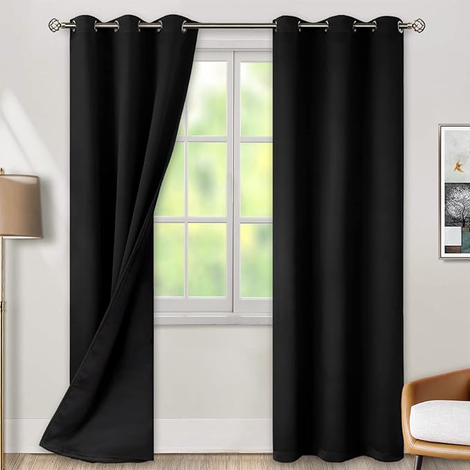 BGment Thermal Insulated 100% Blackout Curtains for Bedroom with Black Liner, Double Layer Full Room Darkening Noise Reducing Grommet Curtain (42 x 84 Inch, Black, 2 Panels) by BGment