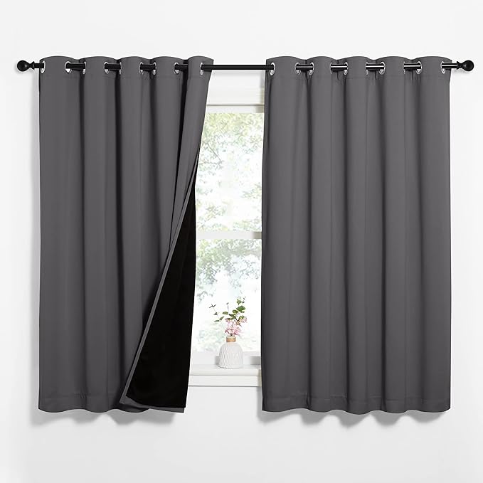 NICETOWN 100% Blackout Curtains with Black Liners, Thermal Insulated Full Blackout 2-Layer Lined Drapes, Energy Efficiency Window Draperies for Bedroom (Grey, 2 Panels, 62-inch W by 63-inch L) by NICETOWN