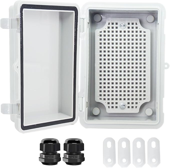 Junction Box, Hinged Cover IP67 Waterproof ABS Project Box with 2 NPT 1/2" Cable Gland, Electrical Box Enclosure with Mounting Plate & Wall Bracket 5.9 x 3.9 x 2.8inch(150x100x70mm) by Otdorpatio