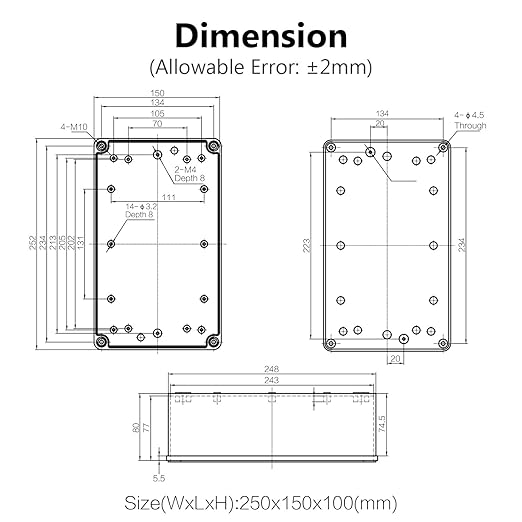 LeMotech Junction Box IP67 Waterproof Dustproof ABS Plastic Project Box for Electrical Outdoor Enclosure Gray 9.8 x 5.9 x 3.9 inch (250 x 150 x 100 mm) - Image 6