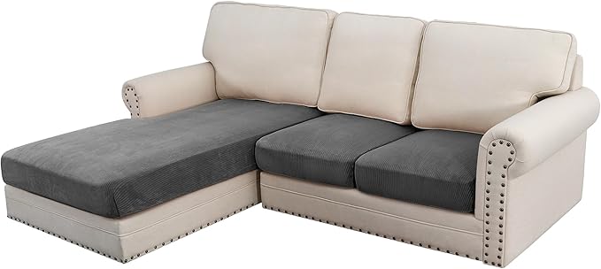 H.VERSAILTEX Velvet Stretch Sectional Couch Covers, 3 Pieces, L-Shaped with Separate Cushions - For Both Left/Right Couch Types (Large Sofa 2 Seater + Chaise, Grey Striped) by HVERSAILTEX