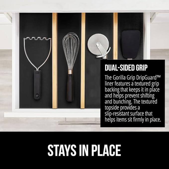GORILLA GRIP DripGuard Shelf Liner, Non-Adhesive Drawer and Kitchen Cabinet Protector, Strong Grip Slip Resistant Underside, Smooth Surface Liners for Cabinets, Bathroom Closets, 17.5x120 Inch, Black - Image 4