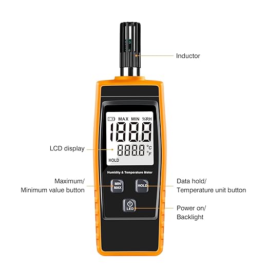 Handheld Humidity Meter, Digital Hygrometer Thermometer 0~100% RH/ -30~60°C (-22~140°F) LCD Display Backlight Moisture Tester Gauge for Outdoor, Home, Industry, Agriculture HVAC - Battery Included - Image 3
