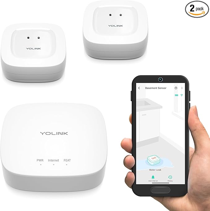 YoLink Smart Home Starter Kit: Hub & 2-Pack Water Leak Sensor 1, LoRa Up to 1/4 Mile Open-Air Range, SMS/Text, Email & Push Notifications, w/Alexa, IFTTT, Home Assistant by YoLink