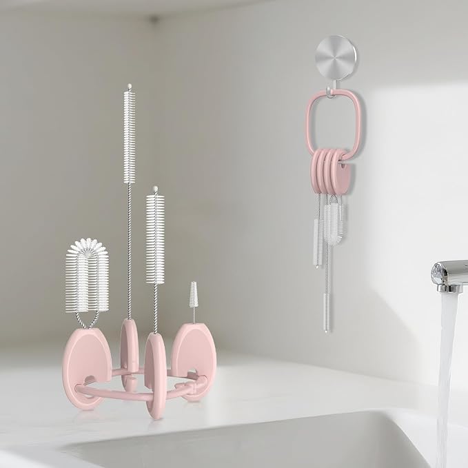 YOTIME Standing Straw Cleaner Brush Set, 4in1 Reusable Straw Brushes with Holder Ring, for Baby Bottles, Sippy Cups and Lids, Pink - Image 7