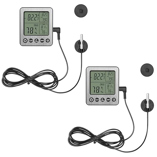 2 Pack zz20 Digital Fridge Thermometer with Extra Sensor, Hygrometer - Max/Min Temp & Humidity, Black by VLEJEARI
