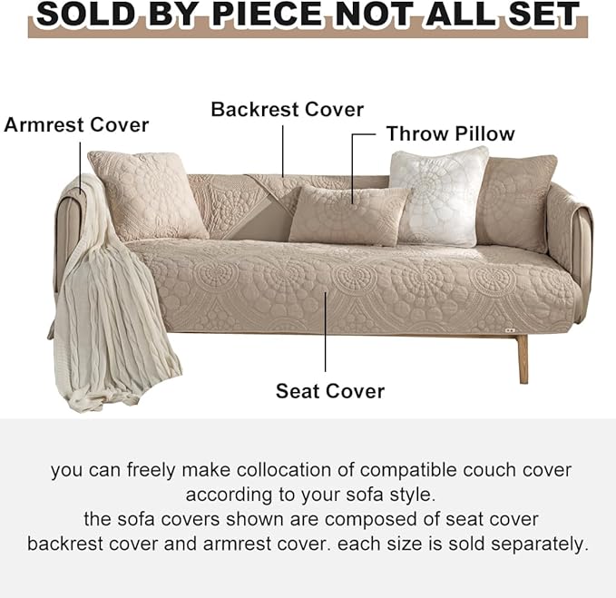 vctops Boho Circle Embroidery Couch Sofa Cover Solid Color Cotton Quilted Non-Slip Sectional Couch Covers Sofa Slipcover for Dogs, Children, Pets Furniture Protector (Khaki,36"x47") - Image 6