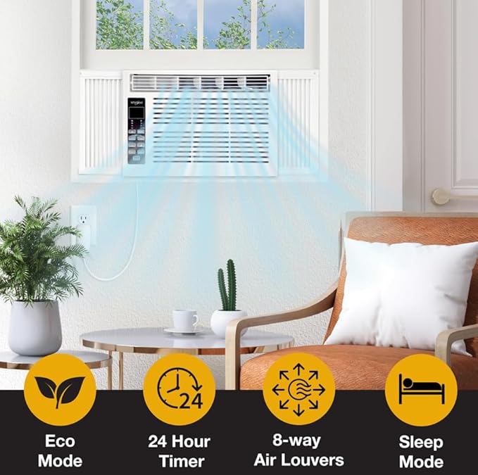 Whirlpool 8,000 BTU Window Air Conditioner with Dehumidifier, 115V, Window AC for Rooms up to 350 Sq. Ft., Living Room, Bedroom, or Apartment, with 3 Speeds, Remote Control, and 24H Timer, White - Image 9