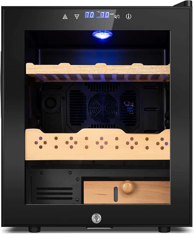 Electric Cooler Cabinet 50L with Temperature and Humidity Control, Spanish Cedar Wood Shelves and Safety Lock (400 Counts Capacity), Gift for Men by FoMup
