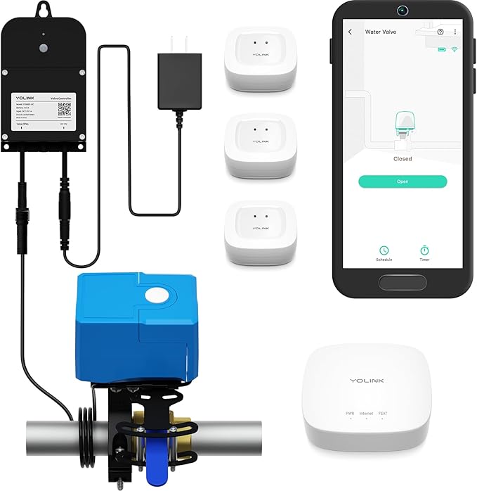 YoLink Smart Water Leak Protection System Kit: Bulldog Valve Robot, Smart Valve Controller 2, 3 Water Leak Sensors, Hub by YoLink