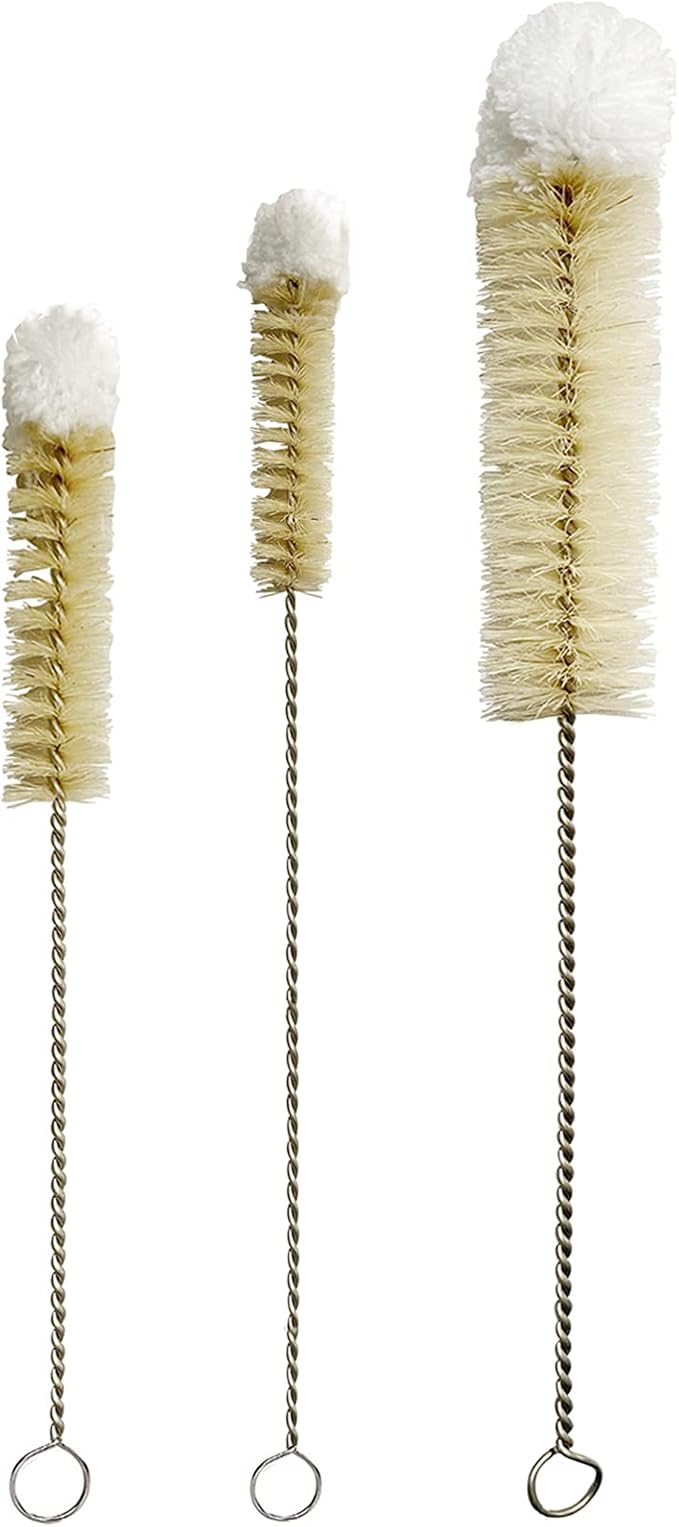 NewFerU Stainless Steel Soda Bottle Cleaning Brush Set in Natural Boar Bristle Wool Tip Long Handle, Flexible Bendable Thick Wire Cleaner for Narrow Neck Water Baby Bottles Straw Pipe Tube Flask (3) by NewFerU